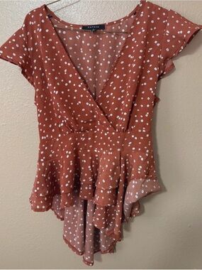 Papaya Rust with White Dot Ruffle Wrap Blouse